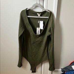 L'AGENCE Deep V-Neck Olive Bodysuit